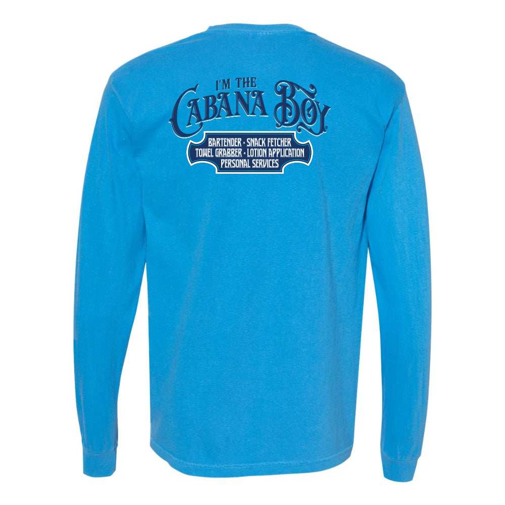 Blue long-sleeve shirt with 'I'm the Cabana Boy' text on the back against a white background