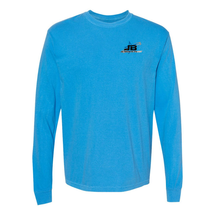 Blue long-sleeve shirt with a logo on the chest against a white background