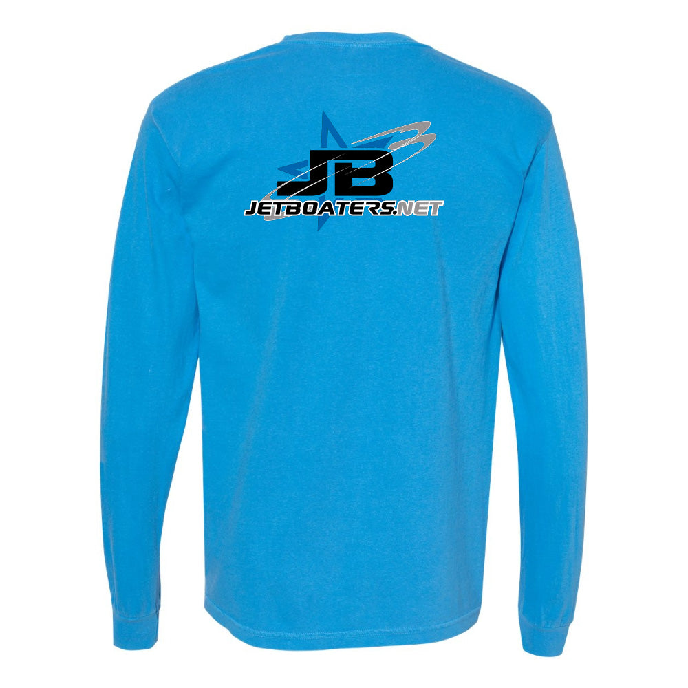 Blue long-sleeve shirt with JetBoaters.net logo on the back against a white background