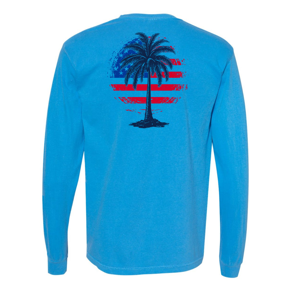 Blue long-sleeve shirt with a palm tree design on the back against a white background