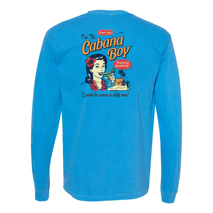 Blue long-sleeve shirt with 'Cabana Boy' graphic on the back