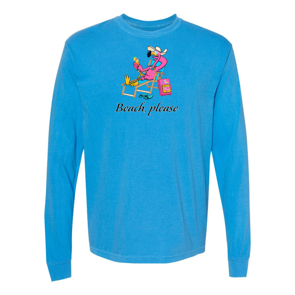 Blue long-sleeve shirt with a cartoon character and 'Beach, please' text on a white background
