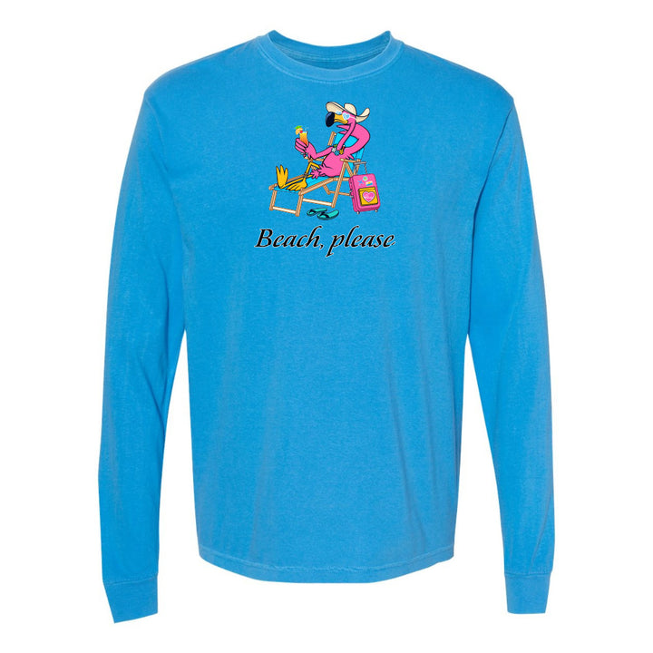 Blue long-sleeve shirt with a cartoon character and 'Beach, please' text on a white background