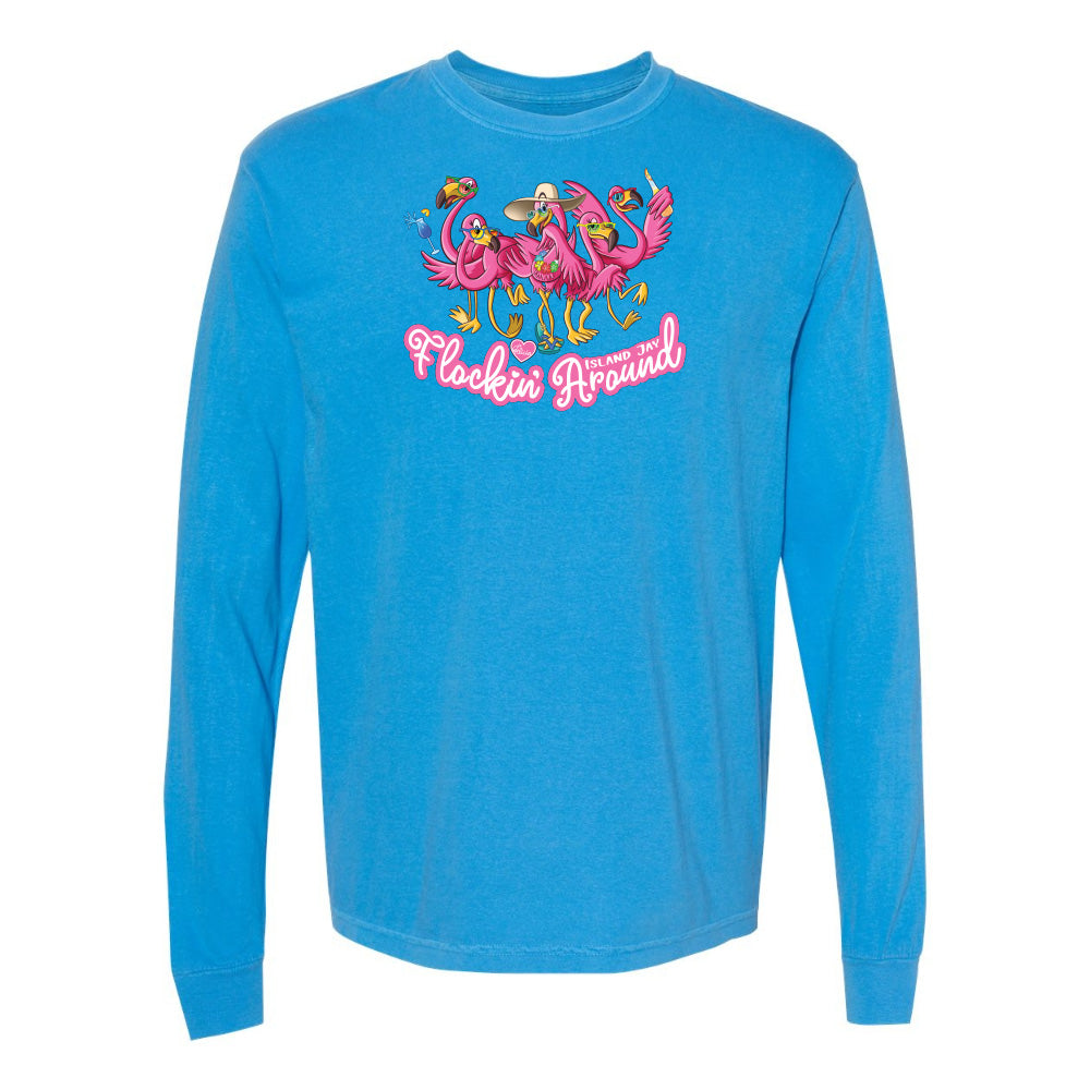 Blue long-sleeve shirt with flamingo design and text on a white background