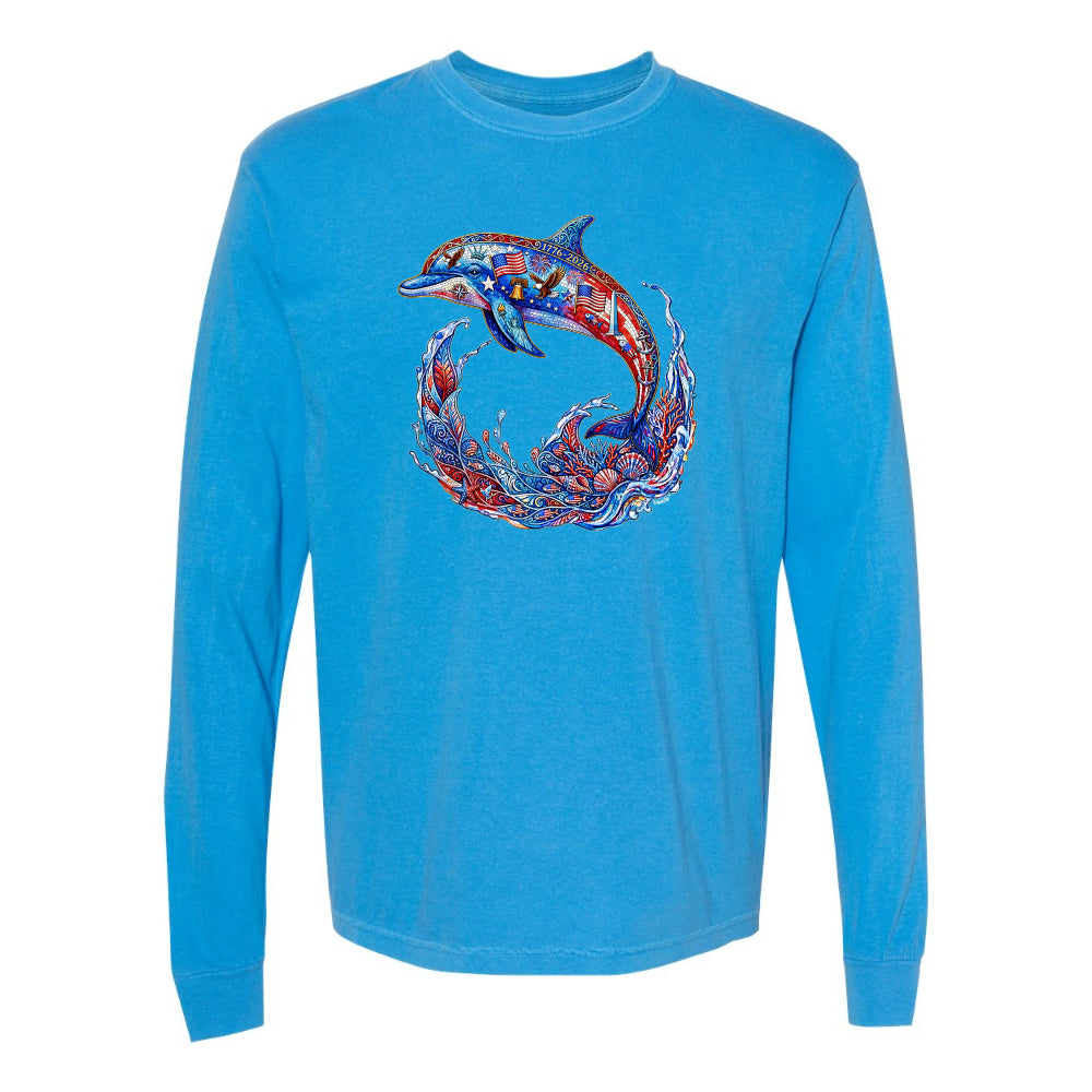 Blue long-sleeve shirt with a colorful dolphin design on a white background