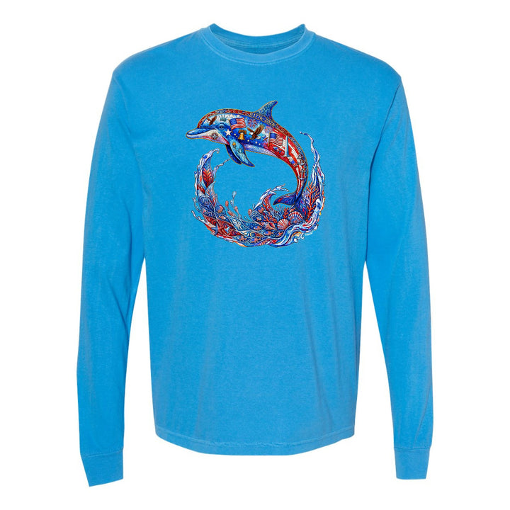 Blue long-sleeve shirt with a colorful dolphin design on a white background