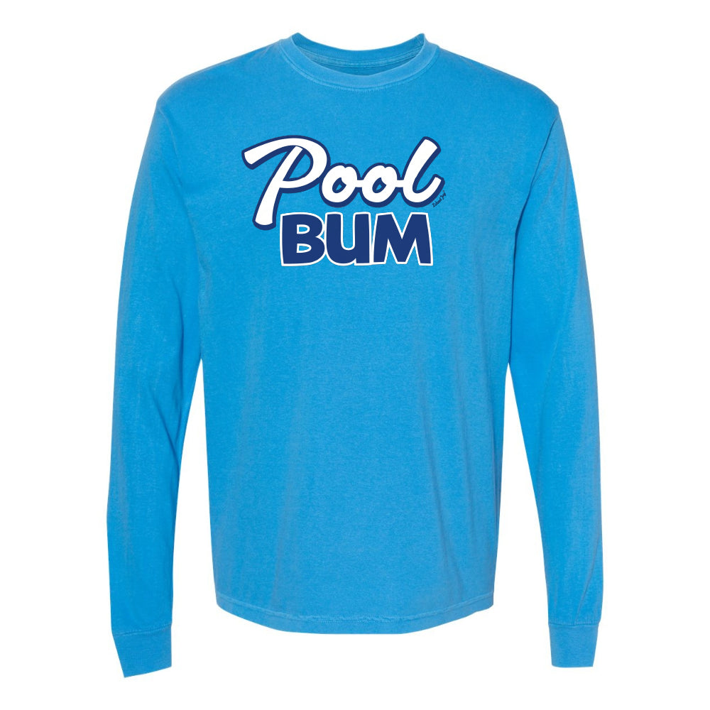 Blue long-sleeve shirt with 'Pool Bum' text on a white background