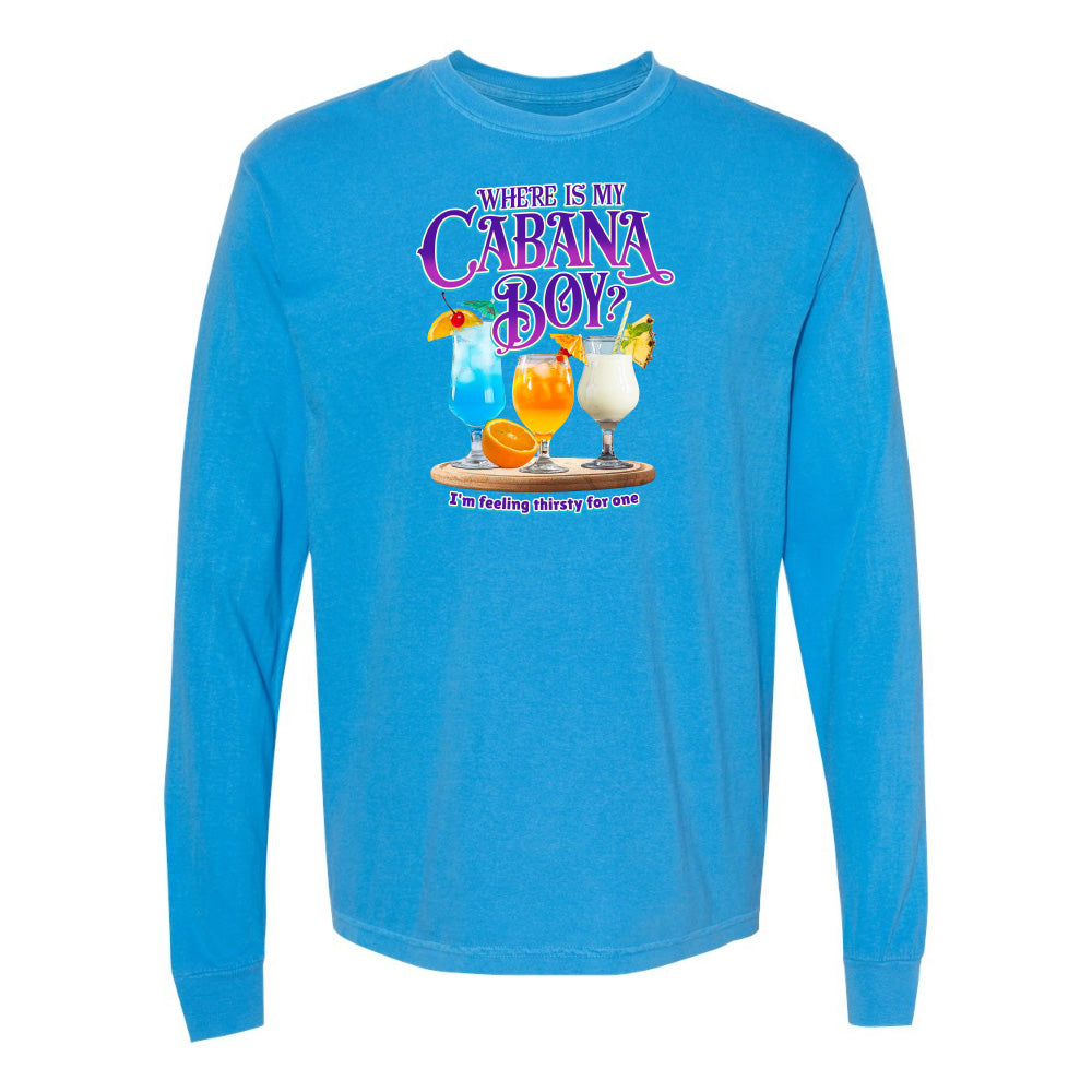 Blue long-sleeve shirt with 'Where is my Cabana Boy?' graphic on a white background