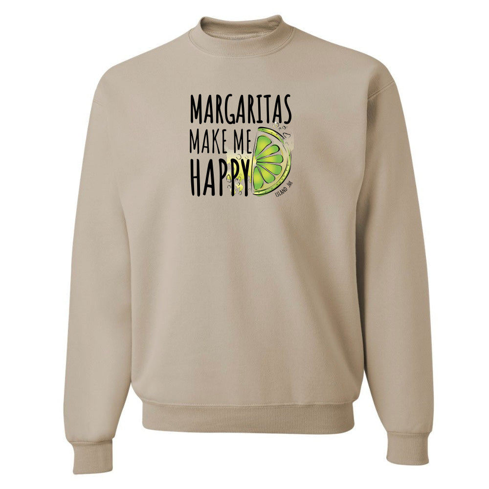 Beige sweatshirt with 'Margaritas Make Me Happy' text and lime graphic on a white background