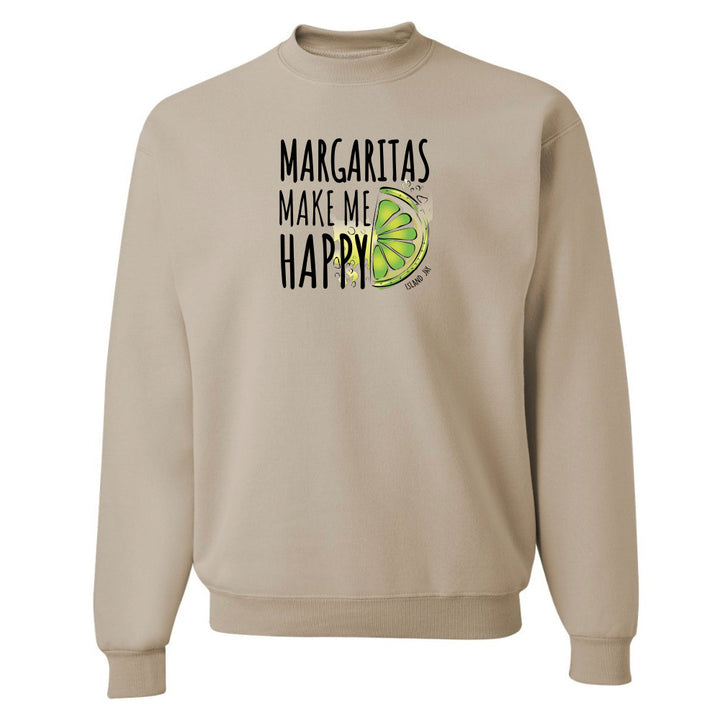 Beige sweatshirt with 'Margaritas Make Me Happy' text and lime graphic on a white background