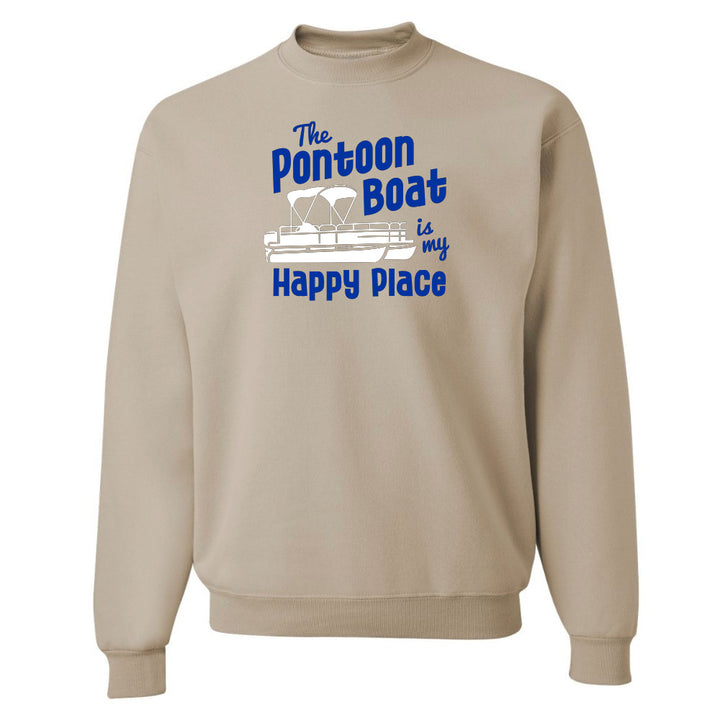 Beige sweatshirt with blue and white text and graphic on a white background