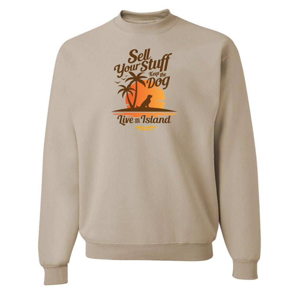 Beige sweatshirt with a graphic design and text on a white background