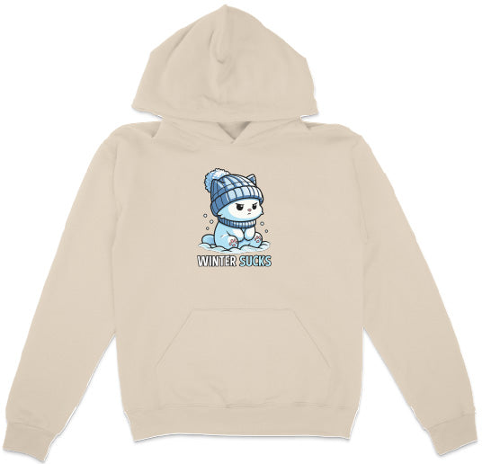 Beige hoodie with a cartoon penguin wearing a blue beanie and text 'Winter Sucks' on a white background