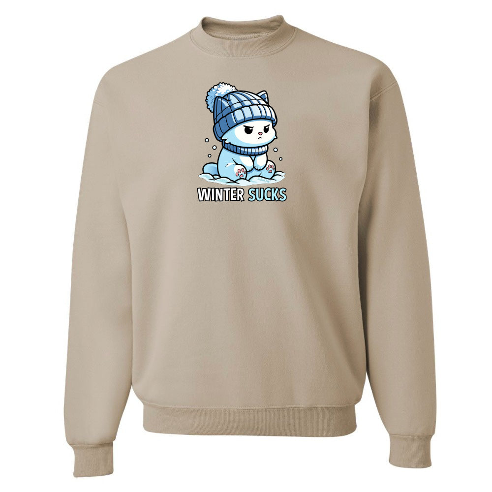Beige sweatshirt with cartoon character and 'Winter Sucks' text on a white background