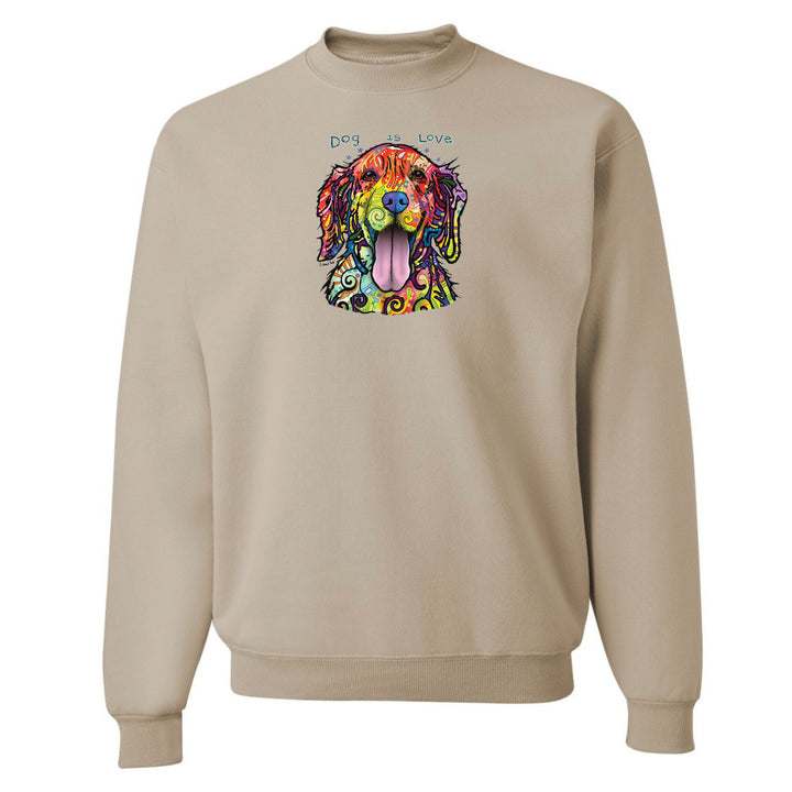 Beige sweatshirt with a colorful dog graphic and text on a white background
