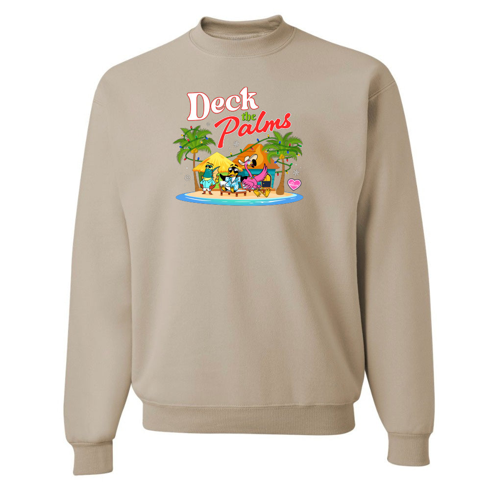 Beige sweatshirt with 'Deck Palms' graphic design on a white background