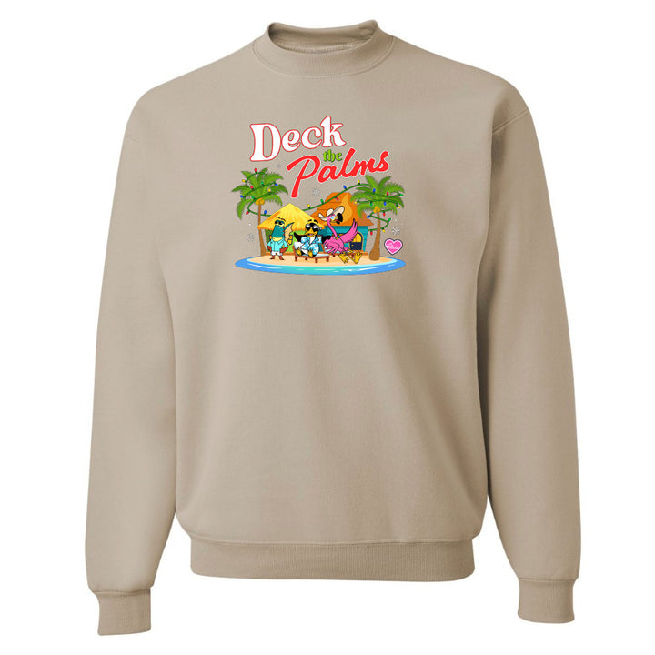Beige sweatshirt with 'Deck Palms' graphic design on a white background