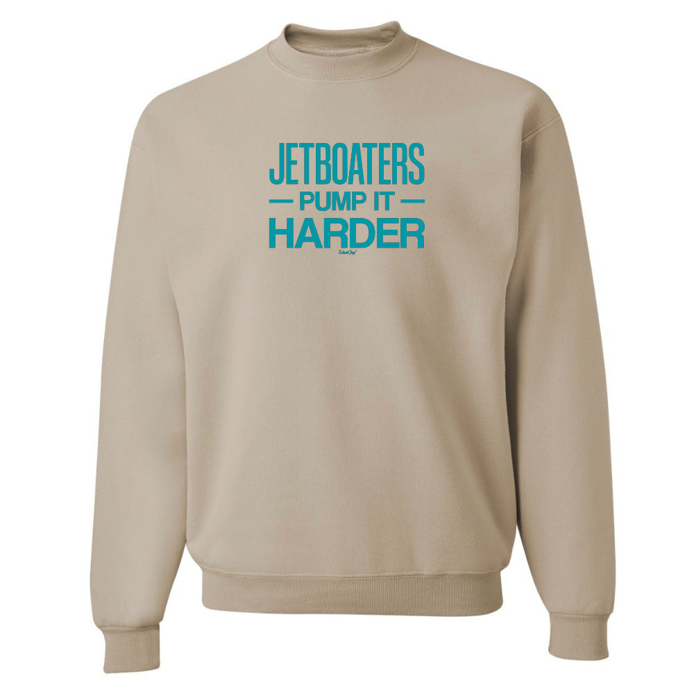 Beige sweatshirt with teal text on a white background
