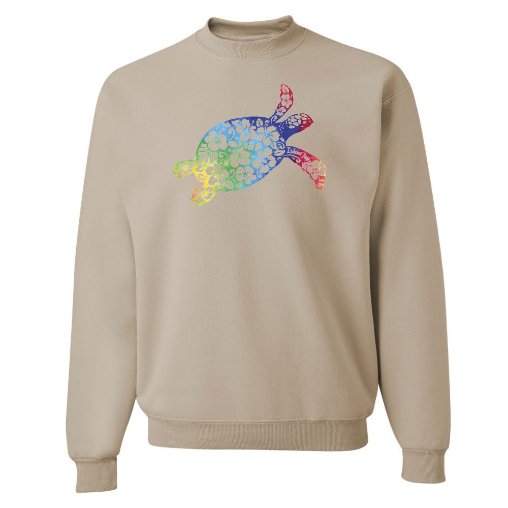 Beige sweatshirt with a colorful turtle design on a white background