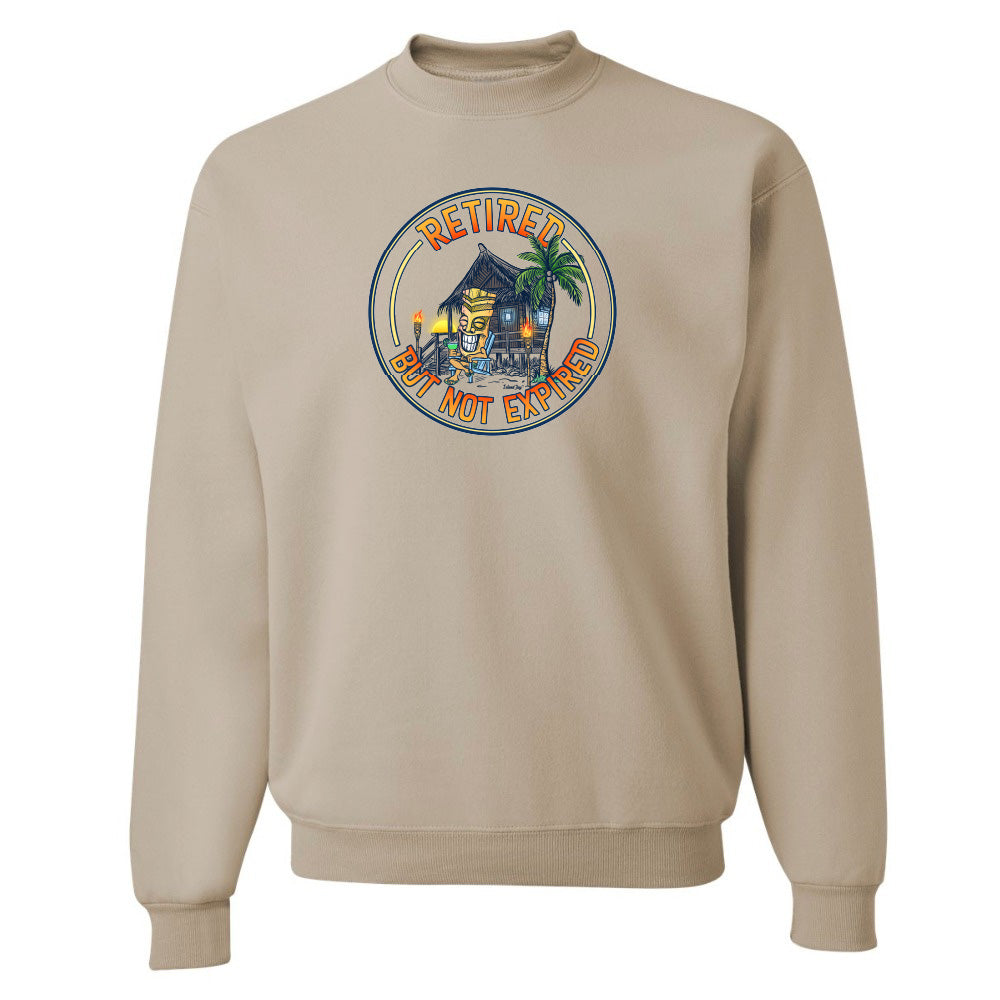 Beige sweatshirt with a colorful graphic and text on a white background