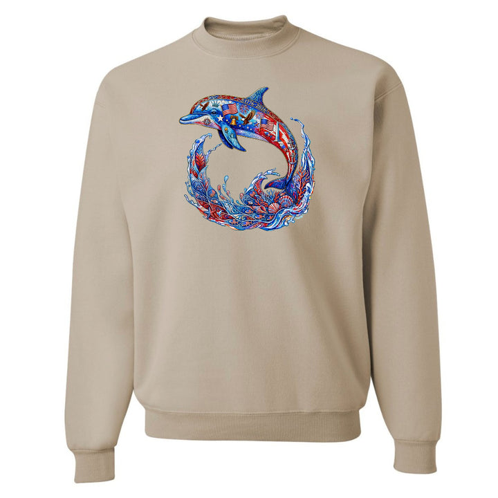 Beige sweatshirt with a colorful dolphin design on a white background