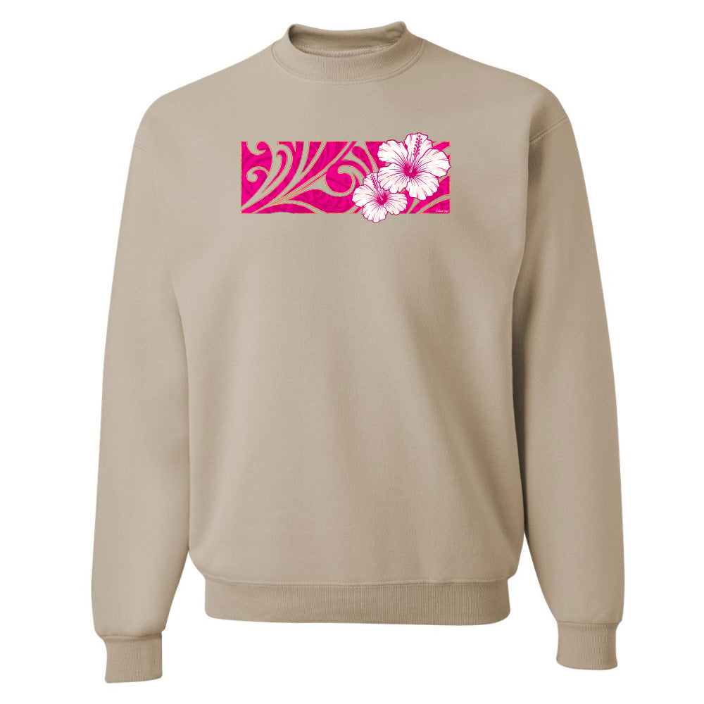 Beige sweatshirt with pink floral design on a white background