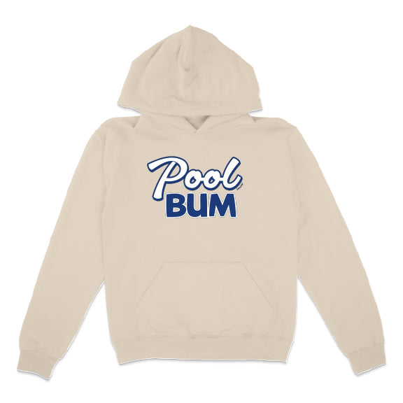 Beige hoodie with 'Pool Bum' text in blue and white on a white background