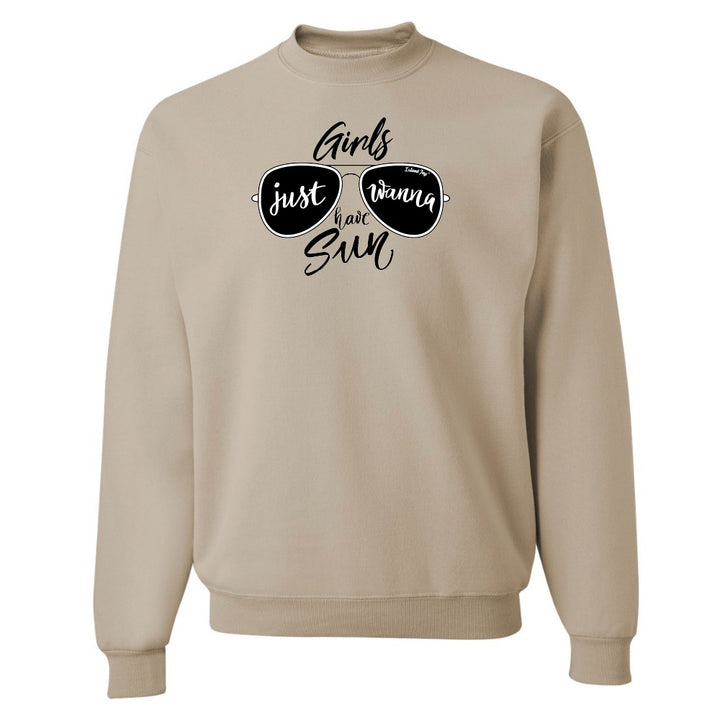 Beige sweatshirt with sunglasses graphic and text on a white background
