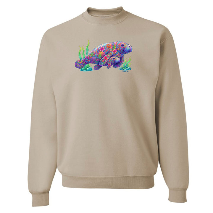 Beige sweatshirt with a colorful sea turtle design on a white background