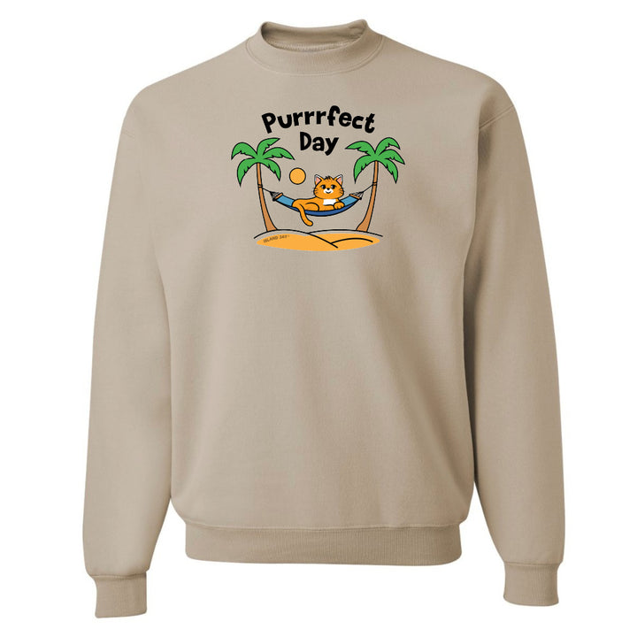 Beige sweatshirt with a graphic of a cat in a hammock between palm trees and 'Purrfect Day' text on a white background.