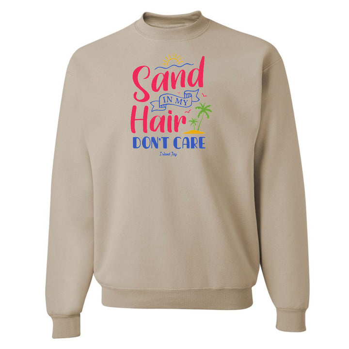Beige sweatshirt with colorful text and palm tree design on a white background