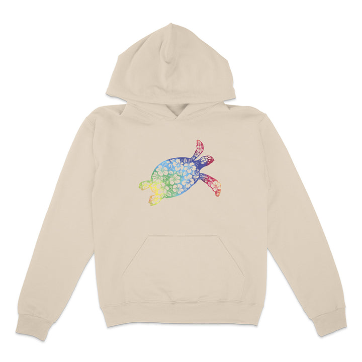 Beige hoodie with a colorful turtle design on a white background