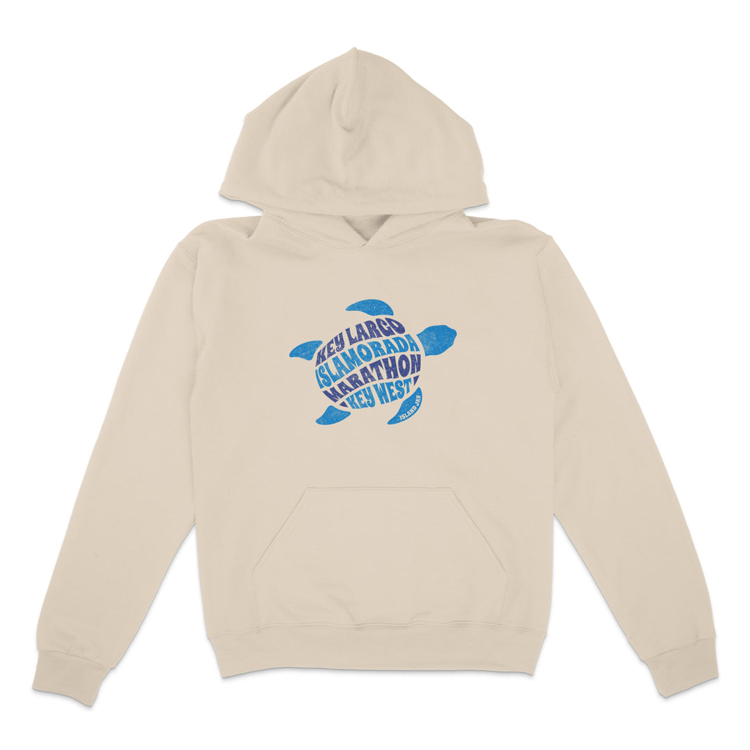 Beige hoodie with blue turtle graphic and text on a white background