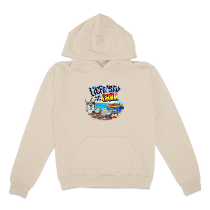 Beige hoodie with 'Licensed to Grill' graphic design on a white background