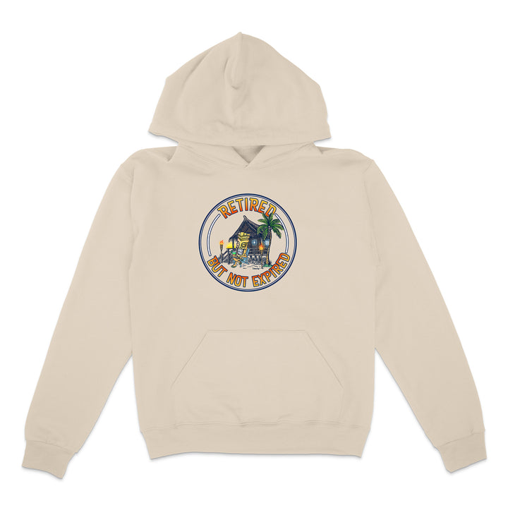 Beige hoodie with a colorful graphic on a white background