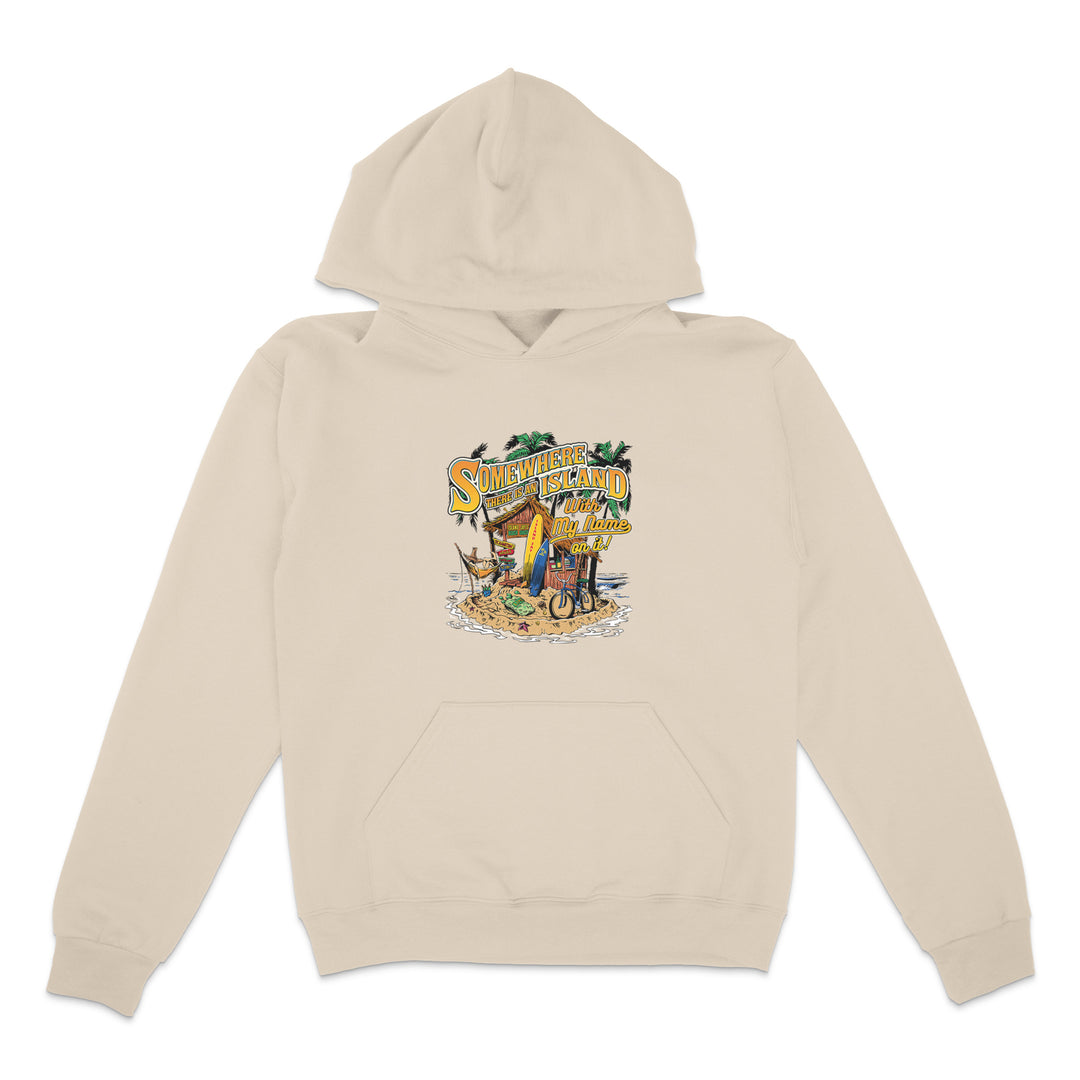 Beige hoodie with a colorful graphic on a white background