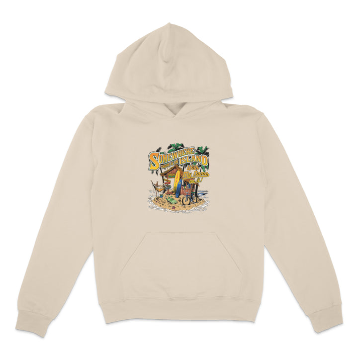 Beige hoodie with a colorful graphic on a white background
