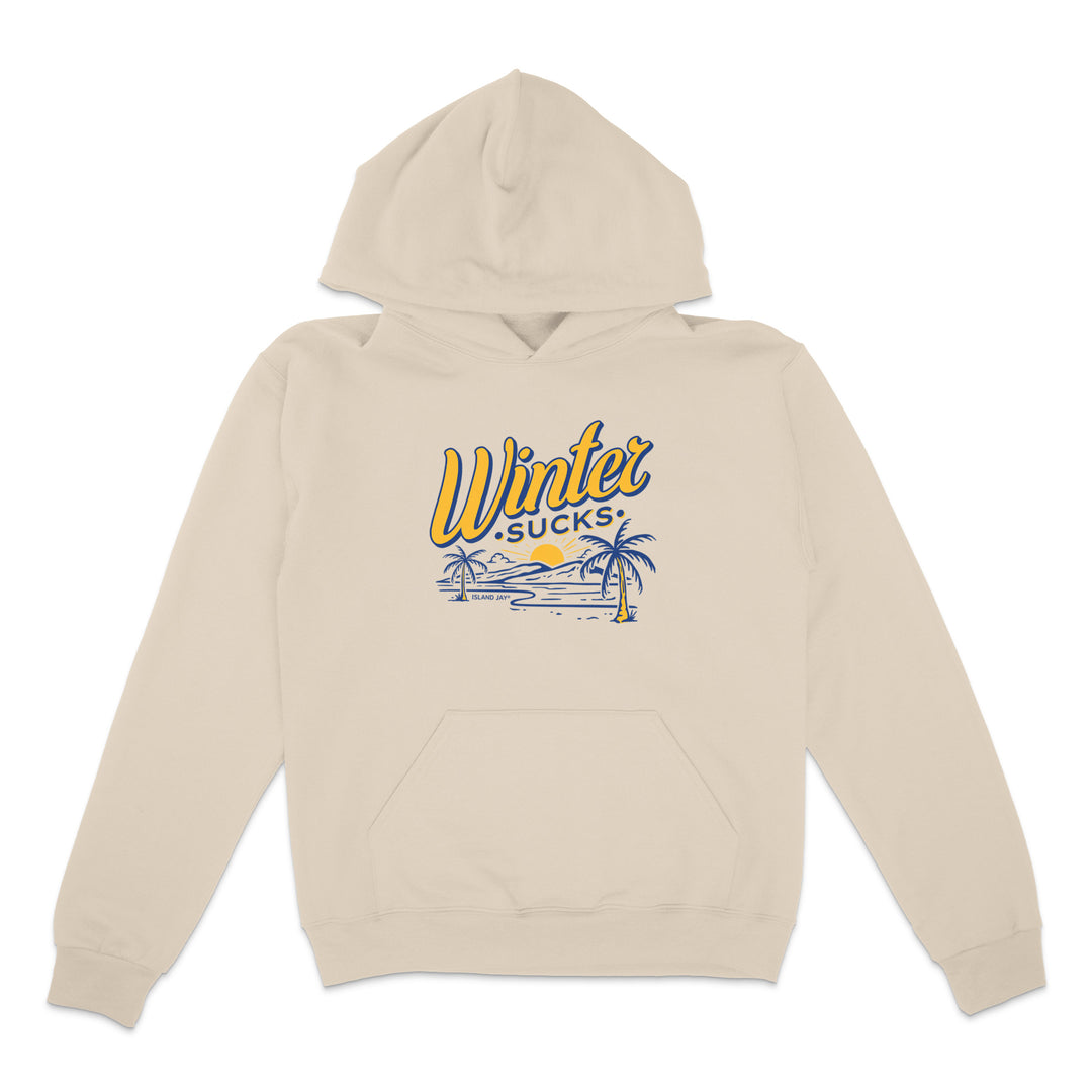 Beige hoodie with 'Winter Sucks' graphic on a white background