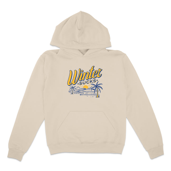 Beige hoodie with 'Winter Sucks' graphic on a white background