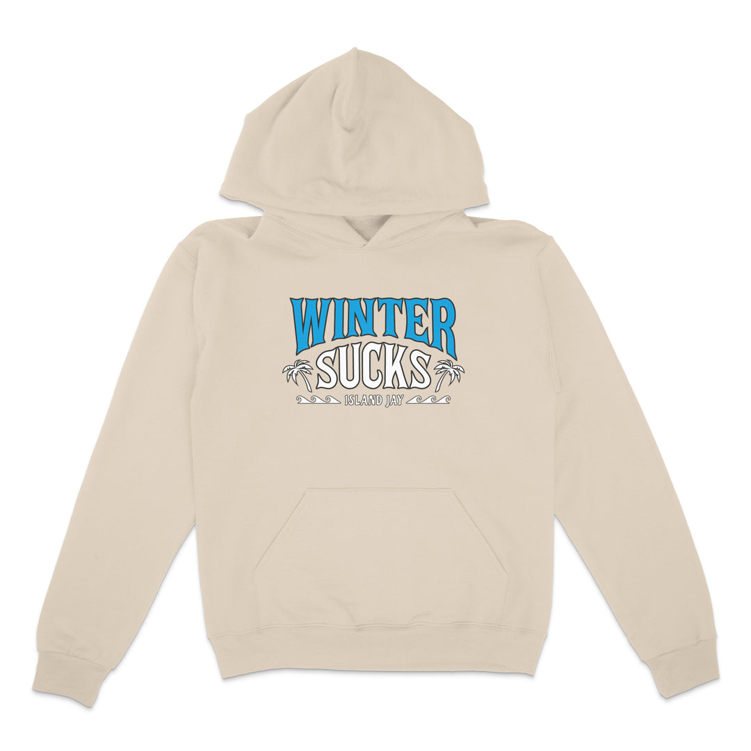 Beige hoodie with 'Winter Sucks' text on a white background