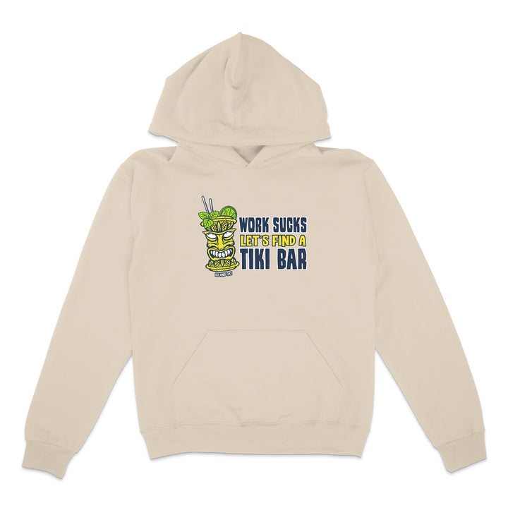 Beige hoodie with a tiki mug graphic and text on a white background