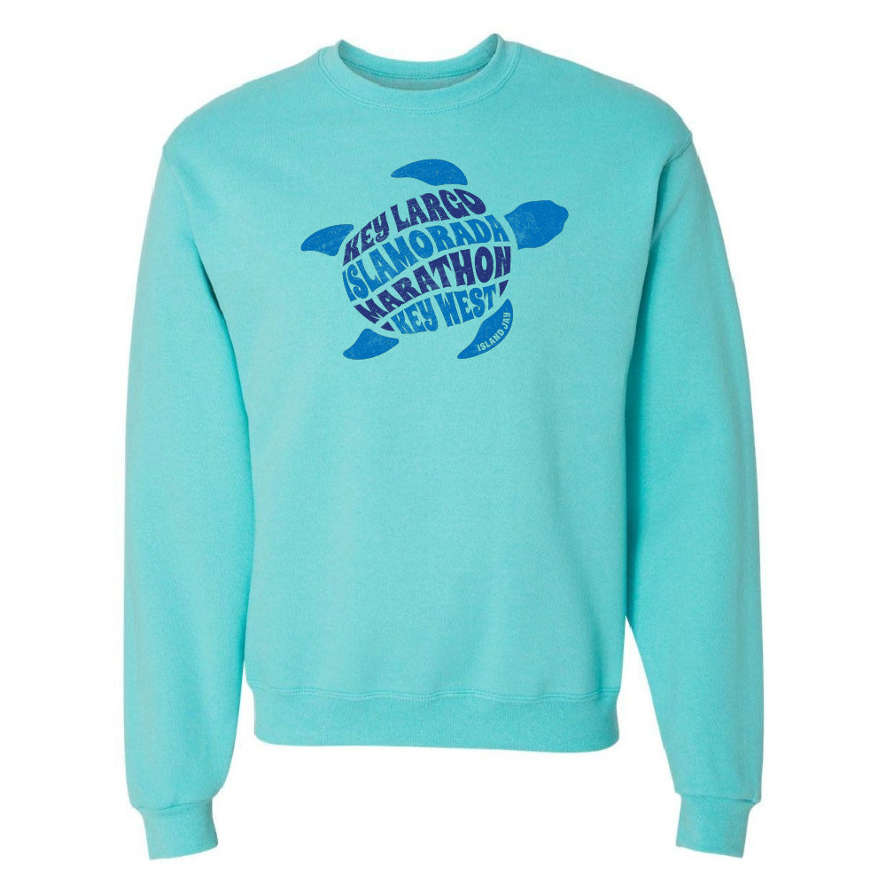 Turquoise sweatshirt with a turtle design and text on a white background