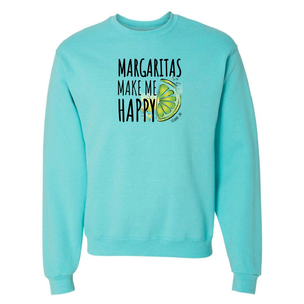 Turquoise sweatshirt with 'Margaritas Make Me Happy' text and lime graphic on a white background