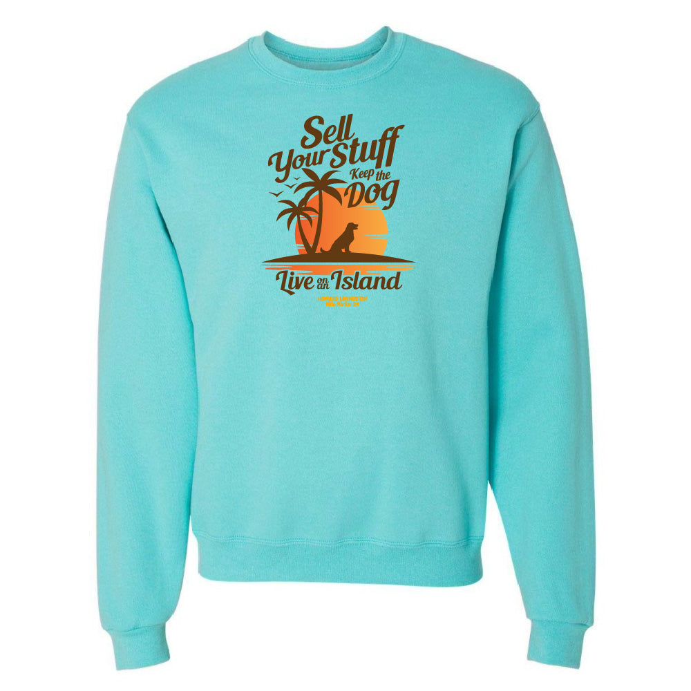 Turquoise sweatshirt with a graphic design on a white background