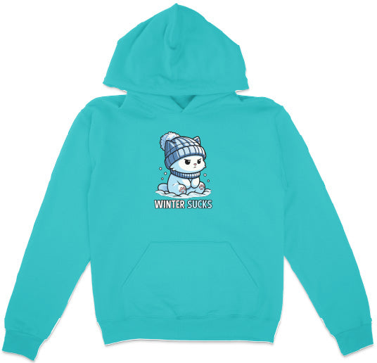 Turquoise hoodie with a cartoon character and 'Winter Sucks' text on a white background