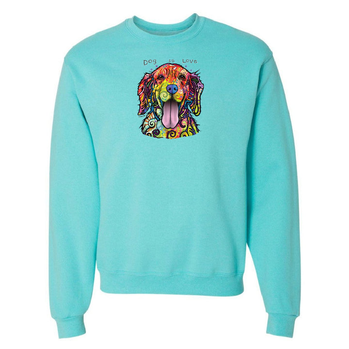 Turquoise sweatshirt with a colorful dog illustration on a white background