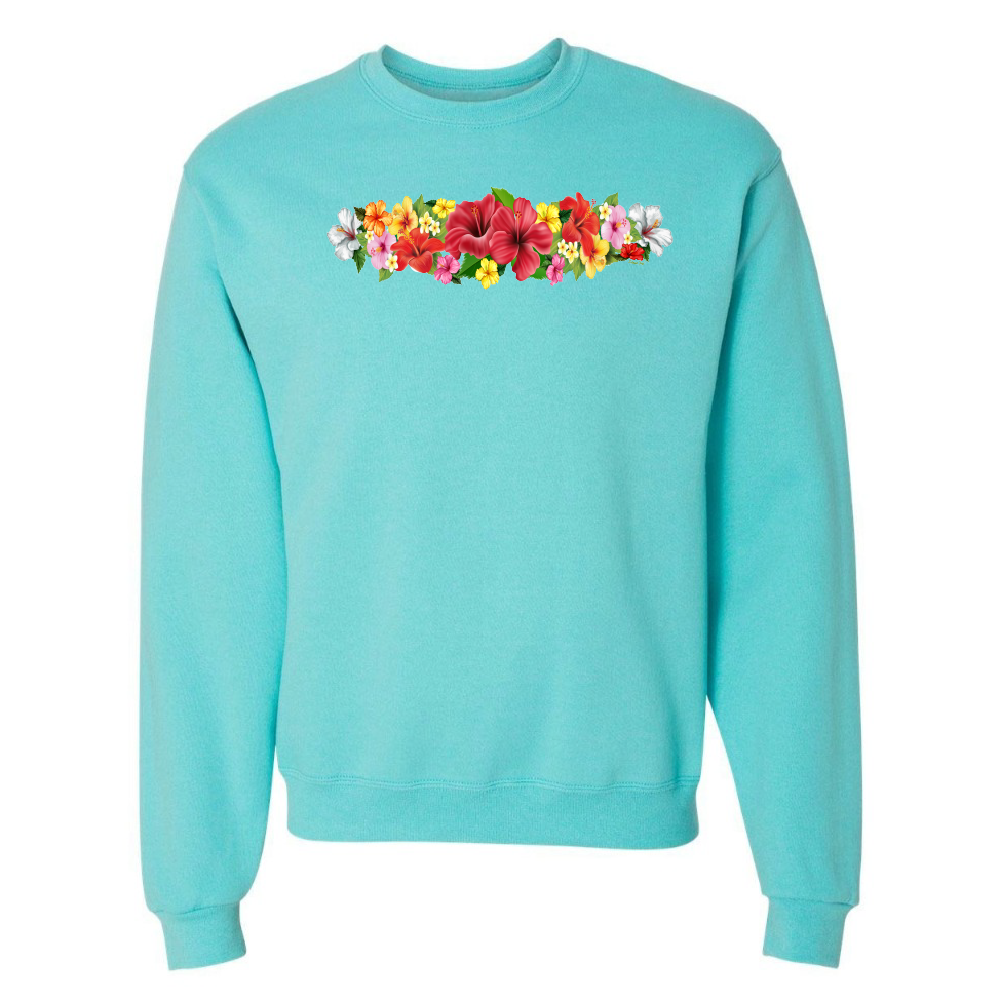 Turquoise sweatshirt with colorful floral design on a white background