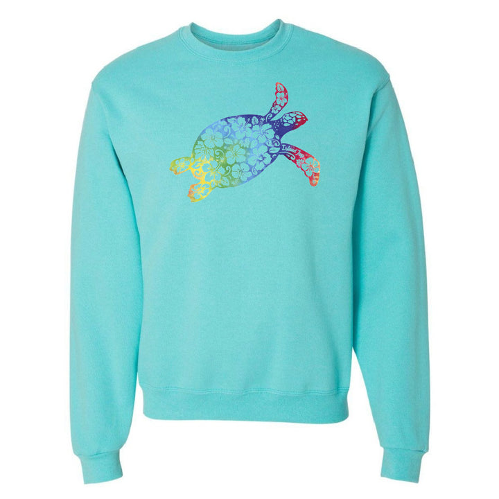 Turquoise sweatshirt with a colorful turtle design on a white background