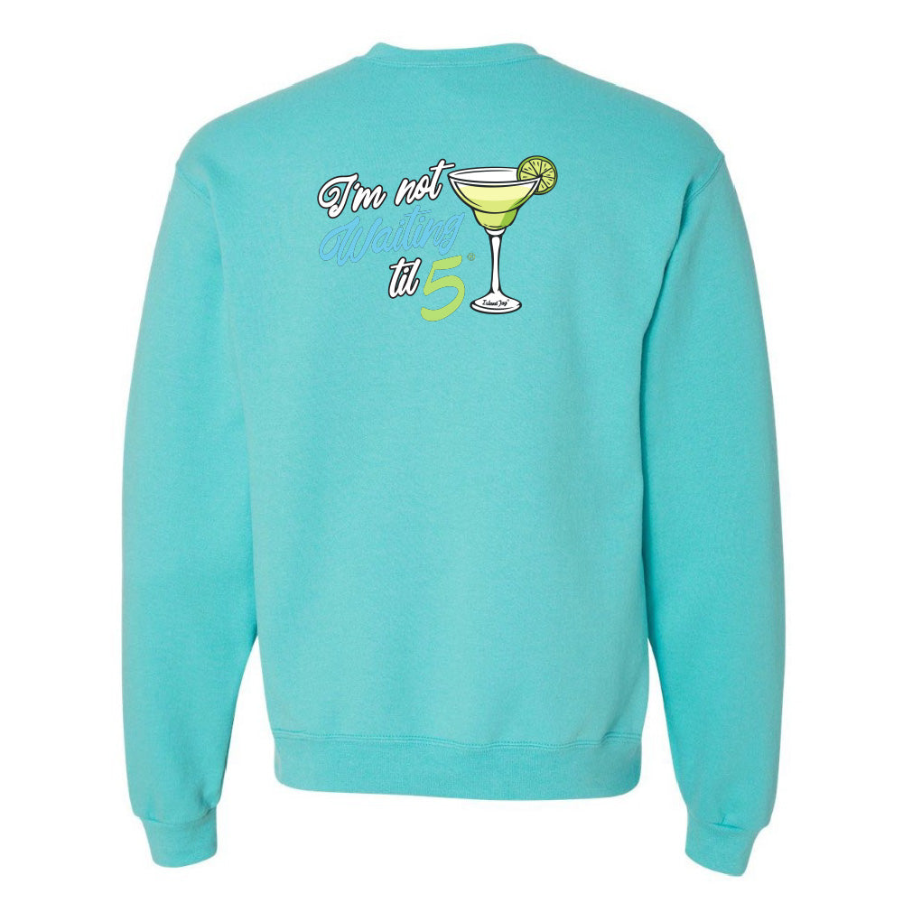 Turquoise sweatshirt with a graphic of a cocktail and text on the back against a white background