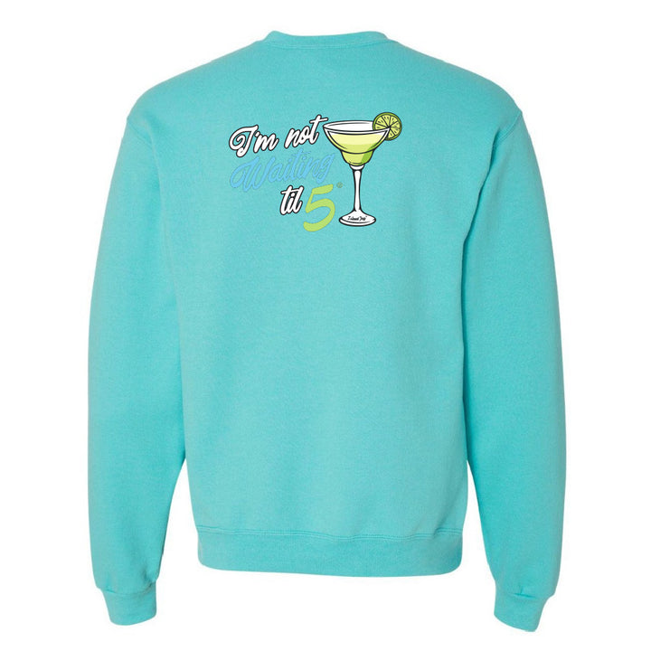 Turquoise sweatshirt with a graphic of a cocktail and text on the back against a white background